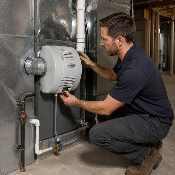 HVAC technician installing whole-home humidifier in Colorado Springs basement.