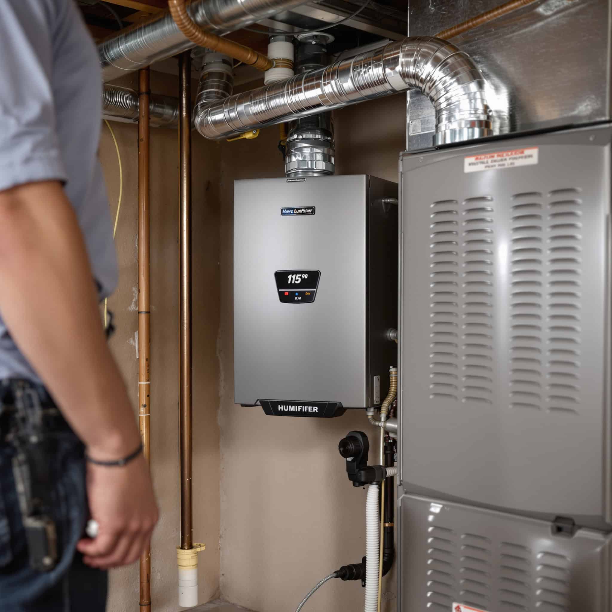 Close-up of a whole-house humidifier unit mounted next to a furnace in a Colorado Springs basement mechanical room