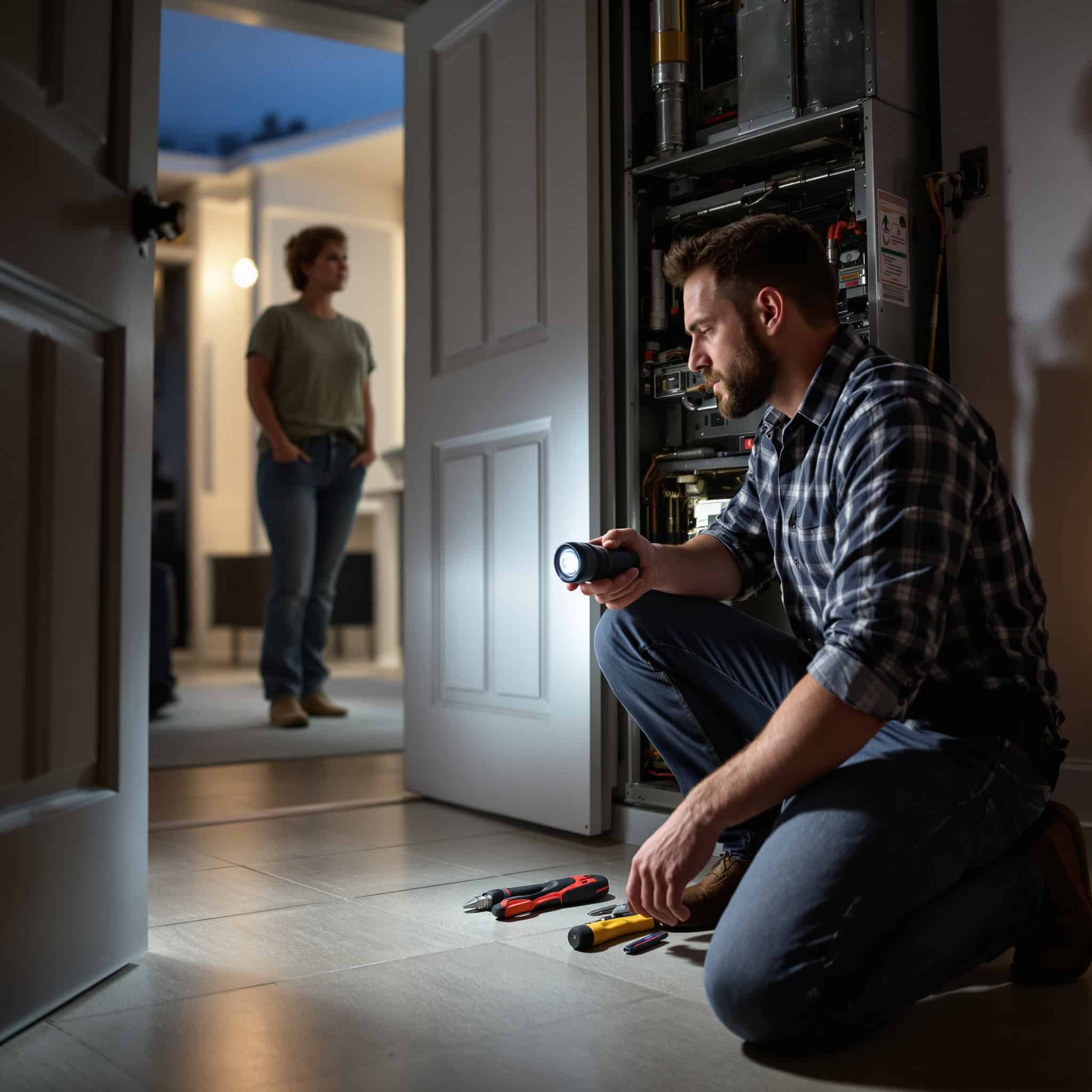 HVAC comfort advisor kneeling beside an open furnace cabinet at night, flashlight and tools laid out, homeowner watching from a doorway