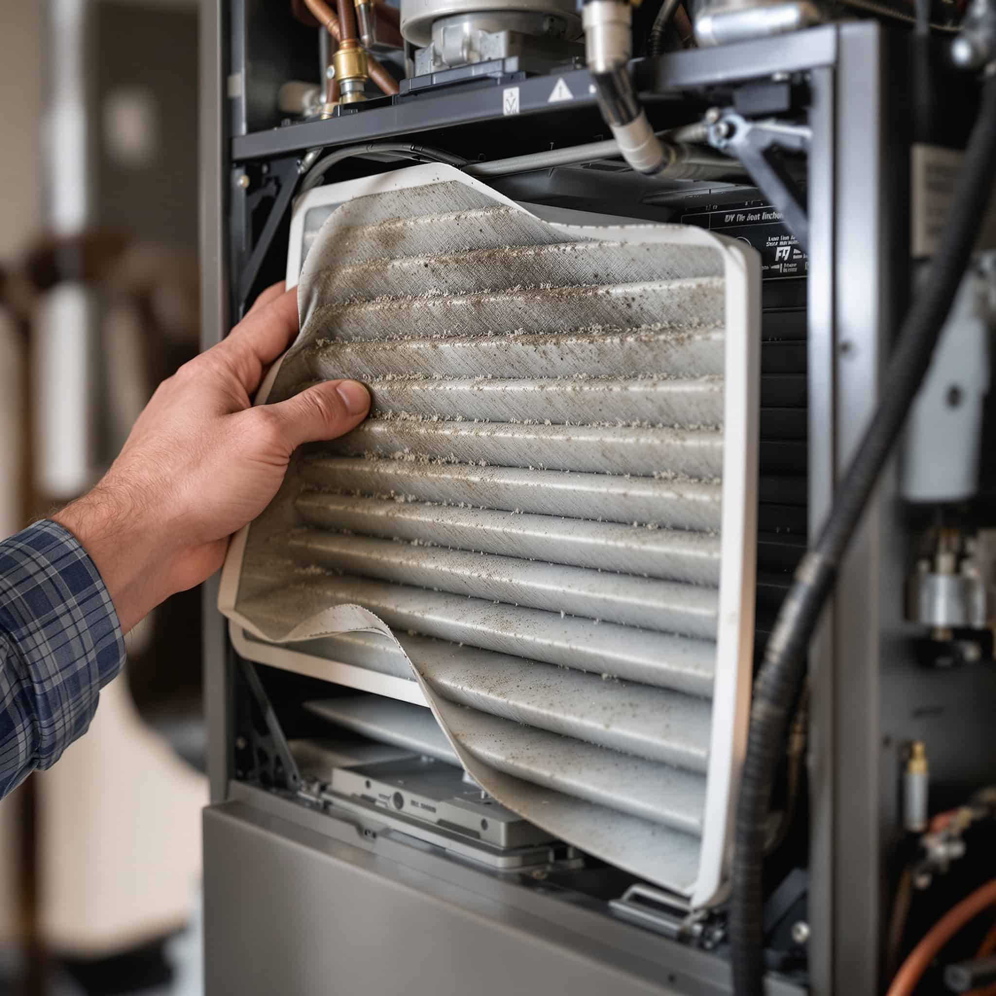 Close-up of a technician hand replacing a high-efficiency furnace filter inside a residential HVAC system, dust visible on the old filter