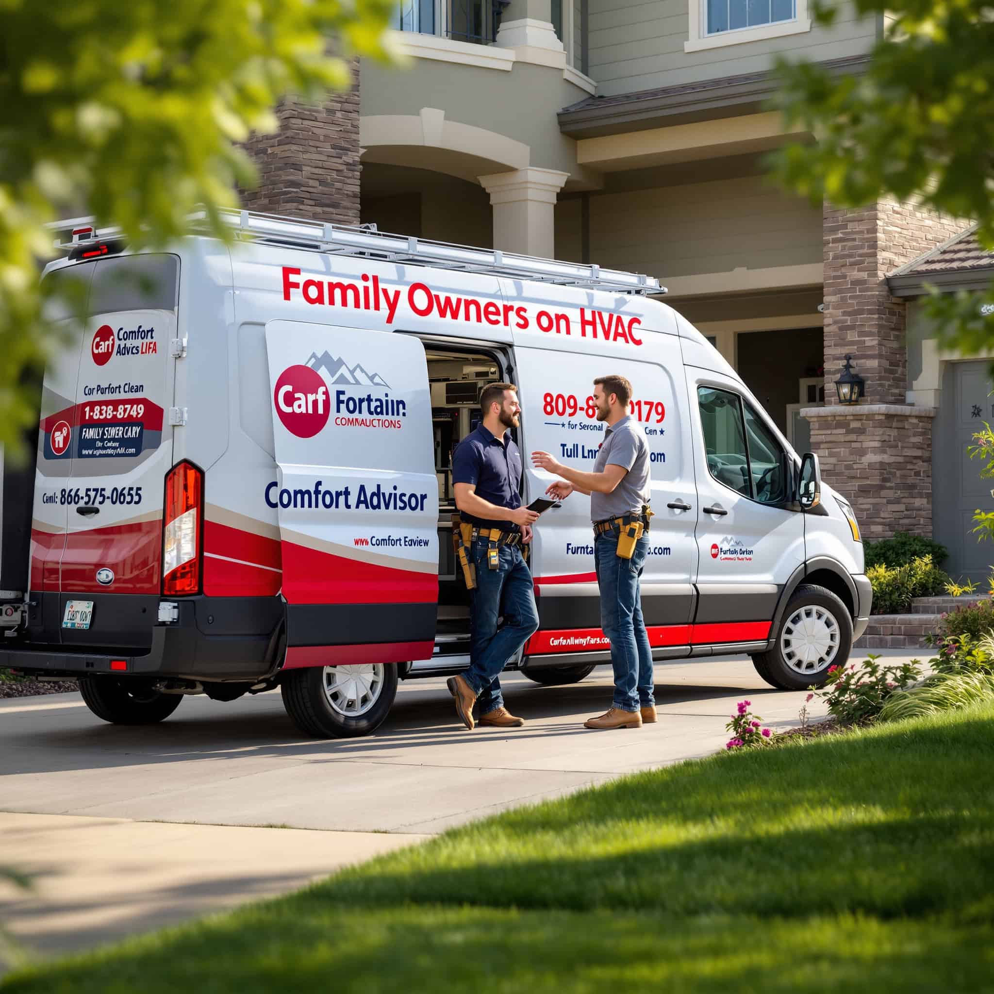 Family Operated HVAC company van parked in a Fountain Colorado residential driveway with a comfort advisor greeting a homeowner at the front door