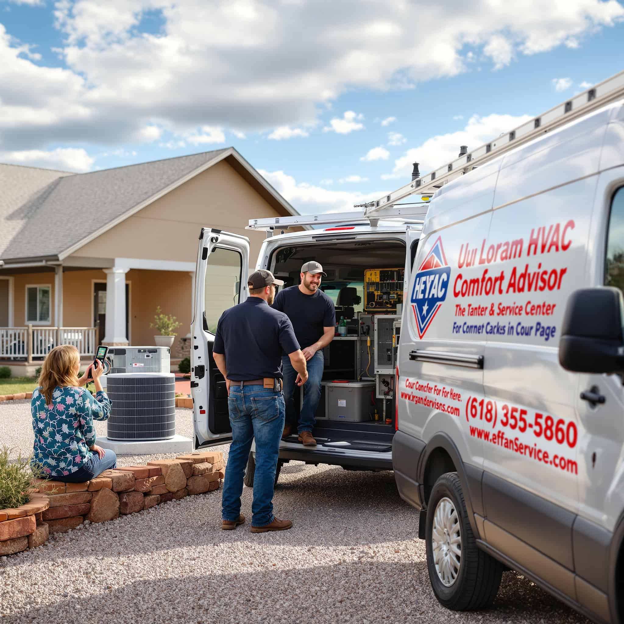 HVAC comfort advisor arriving at a rural Peyton Colorado property in a branded service van, gravel driveway and open plains landscape visible
