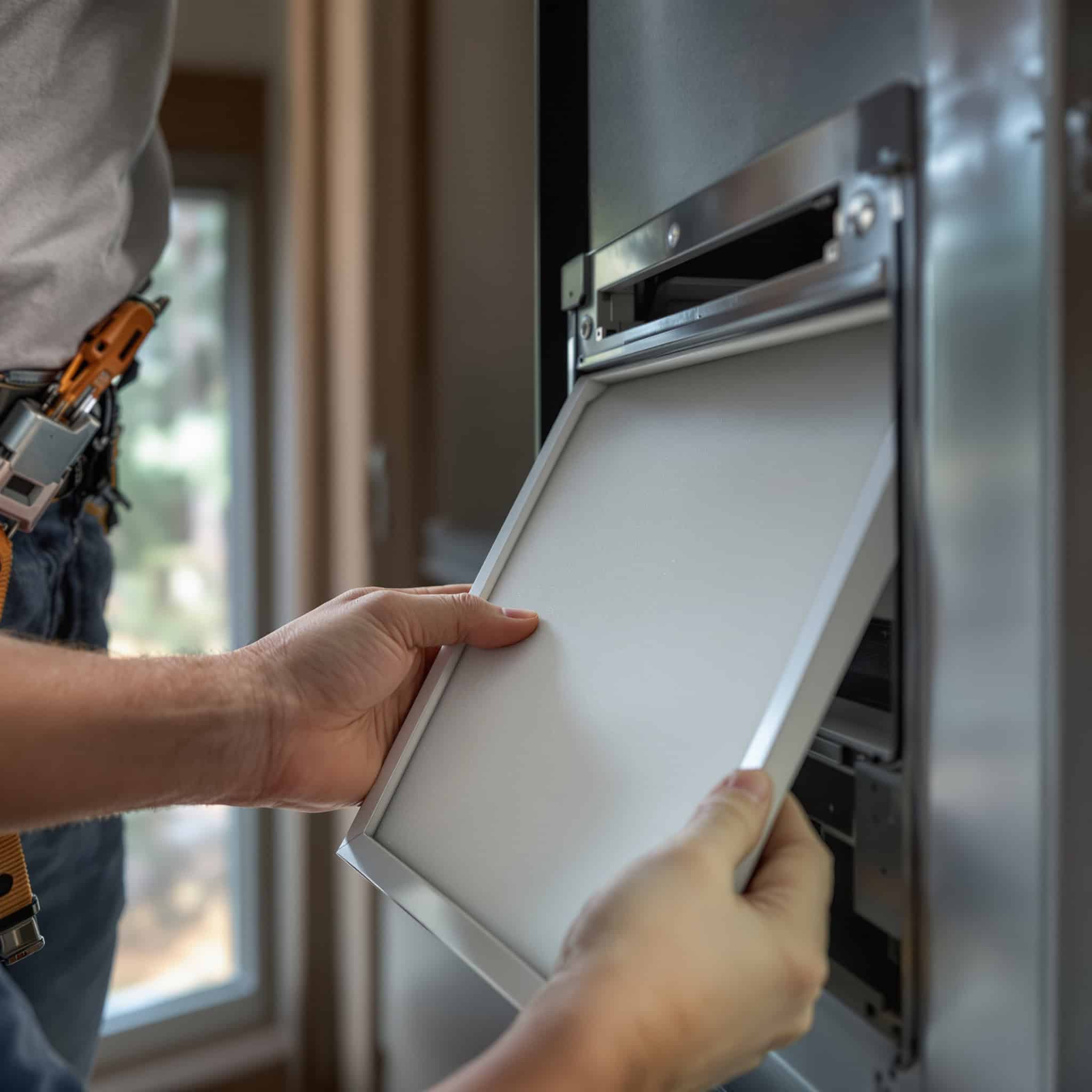 Close-up of a technician holding a HEPA filter next to an open furnace filter slot in a wooded Colorado home, with hazy wildfire smoke visible through a window in the background