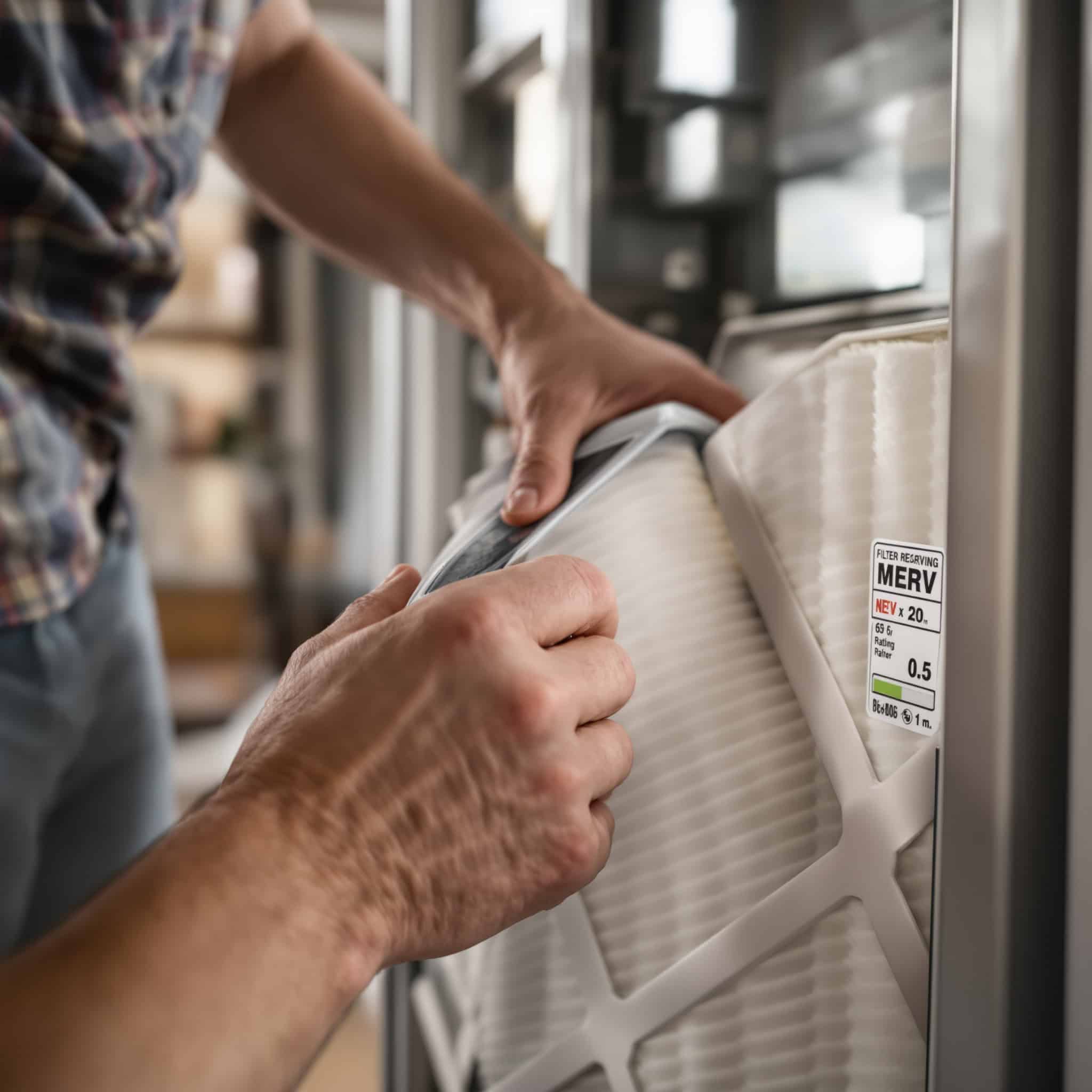 Close-up of a technician hand replacing a pleated furnace filter in a Colorado Springs home, with a MERV rating label visible on the filter packaging