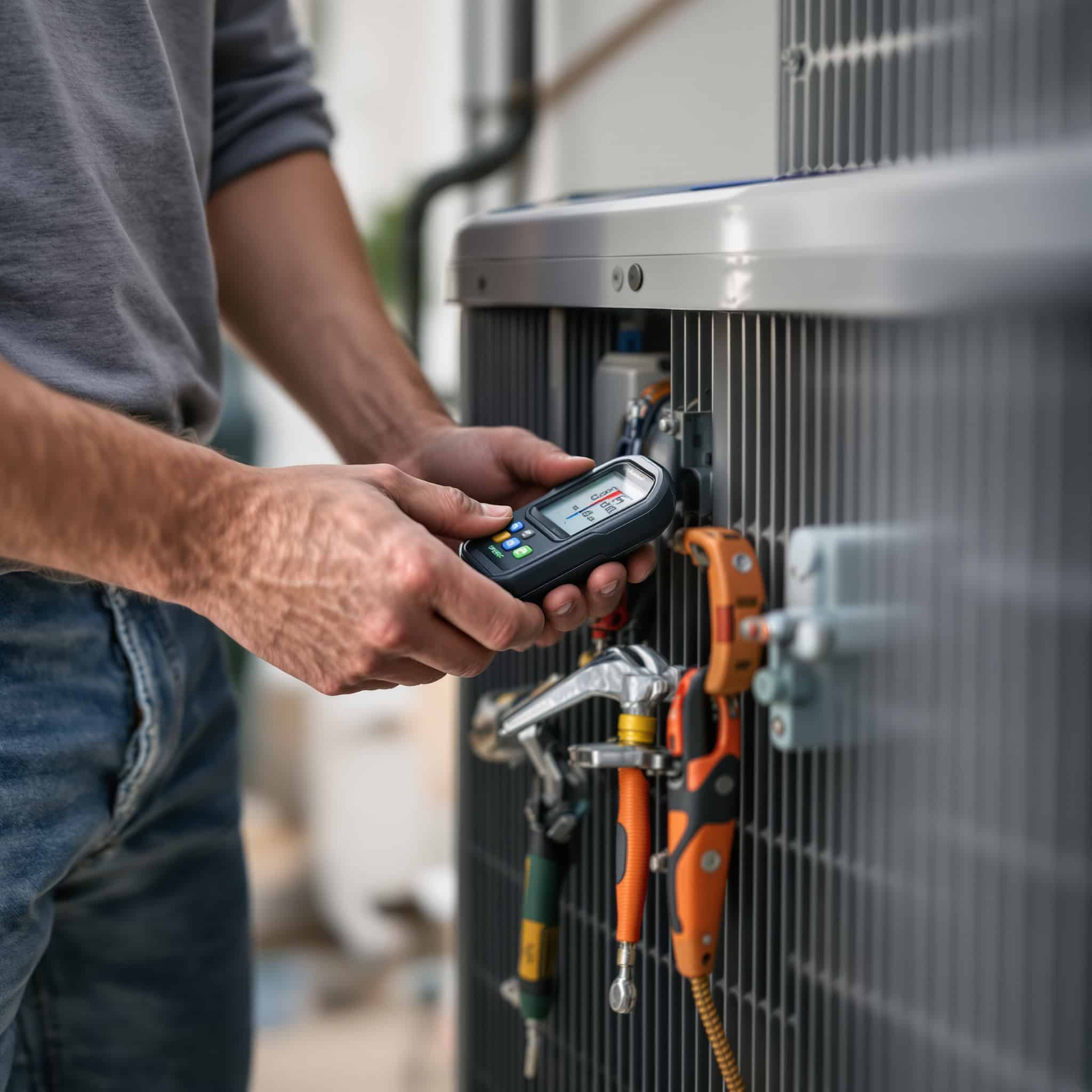 Close-up of a comfort advisor's hands using a digital gauge to check refrigerant pressure on a commercial condenser unit, clipboard with inspection checklist nearby