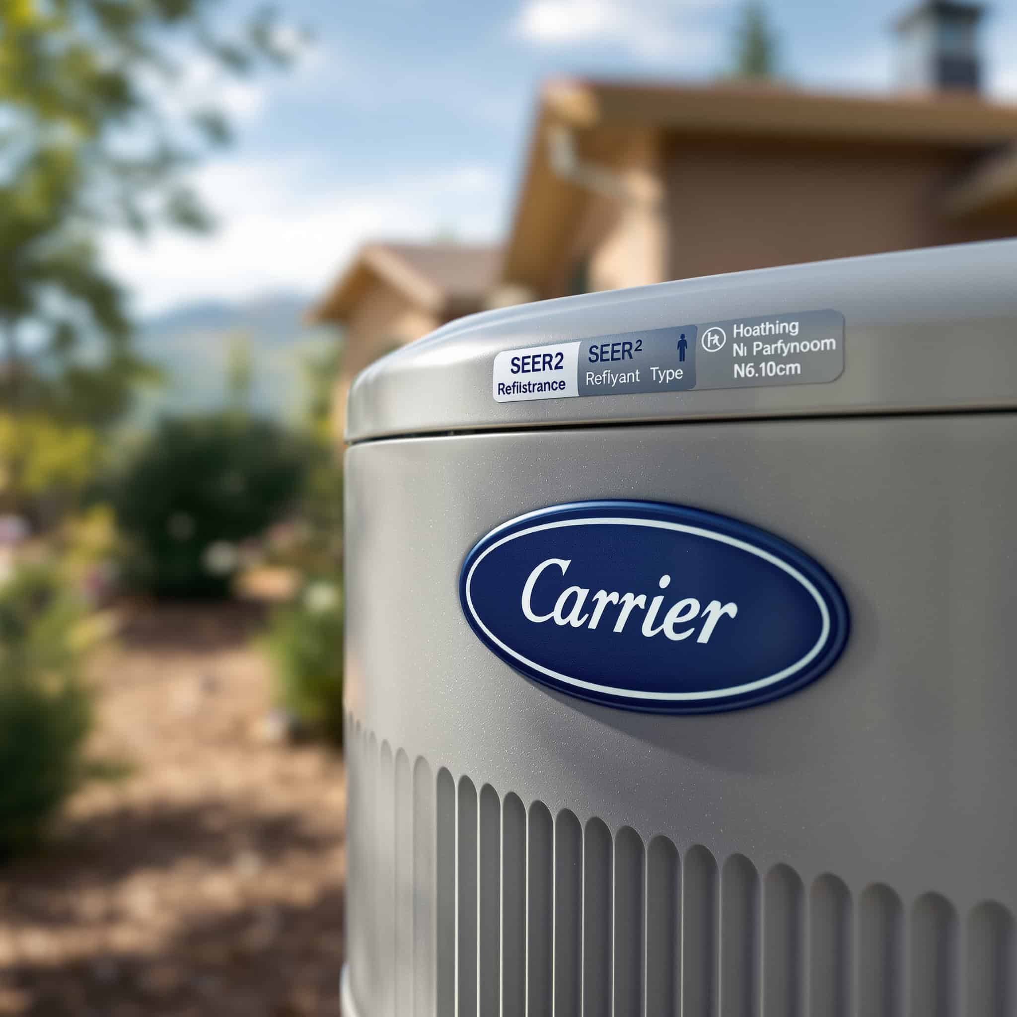 Close-up of a Carrier condenser unit nameplate showing SEER2 rating and refrigerant type outside a Colorado Springs home with mountains in the background