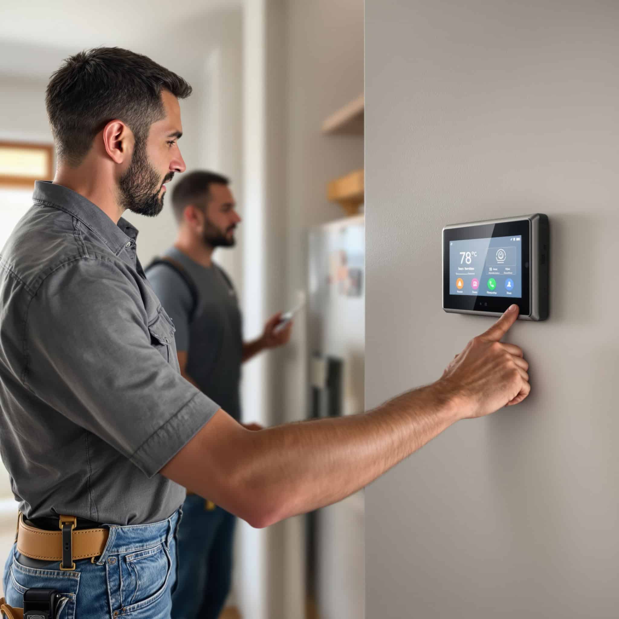 A & Z Mechanical comfort advisor performing a furnace inspection next to a smart thermostat display in a Colorado Springs home