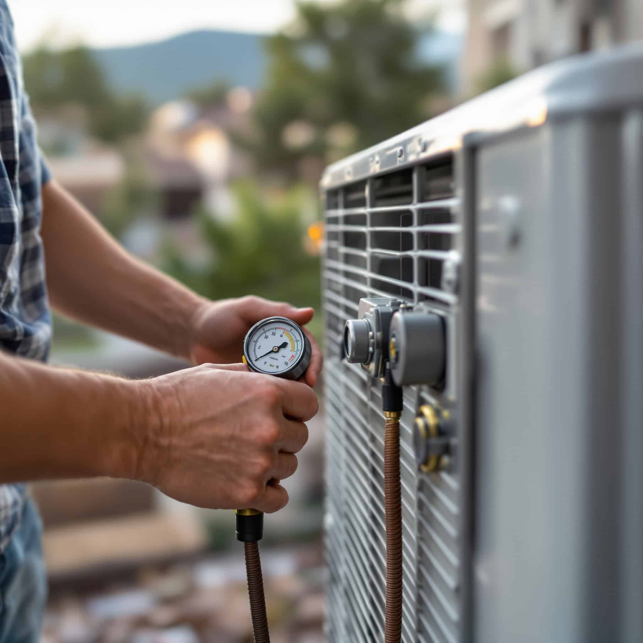 close-up of a comfort advisor's hands using a gauge set to check refrigerant pressure on an outdoor AC unit, Colorado Springs residential neighborhood in soft background
