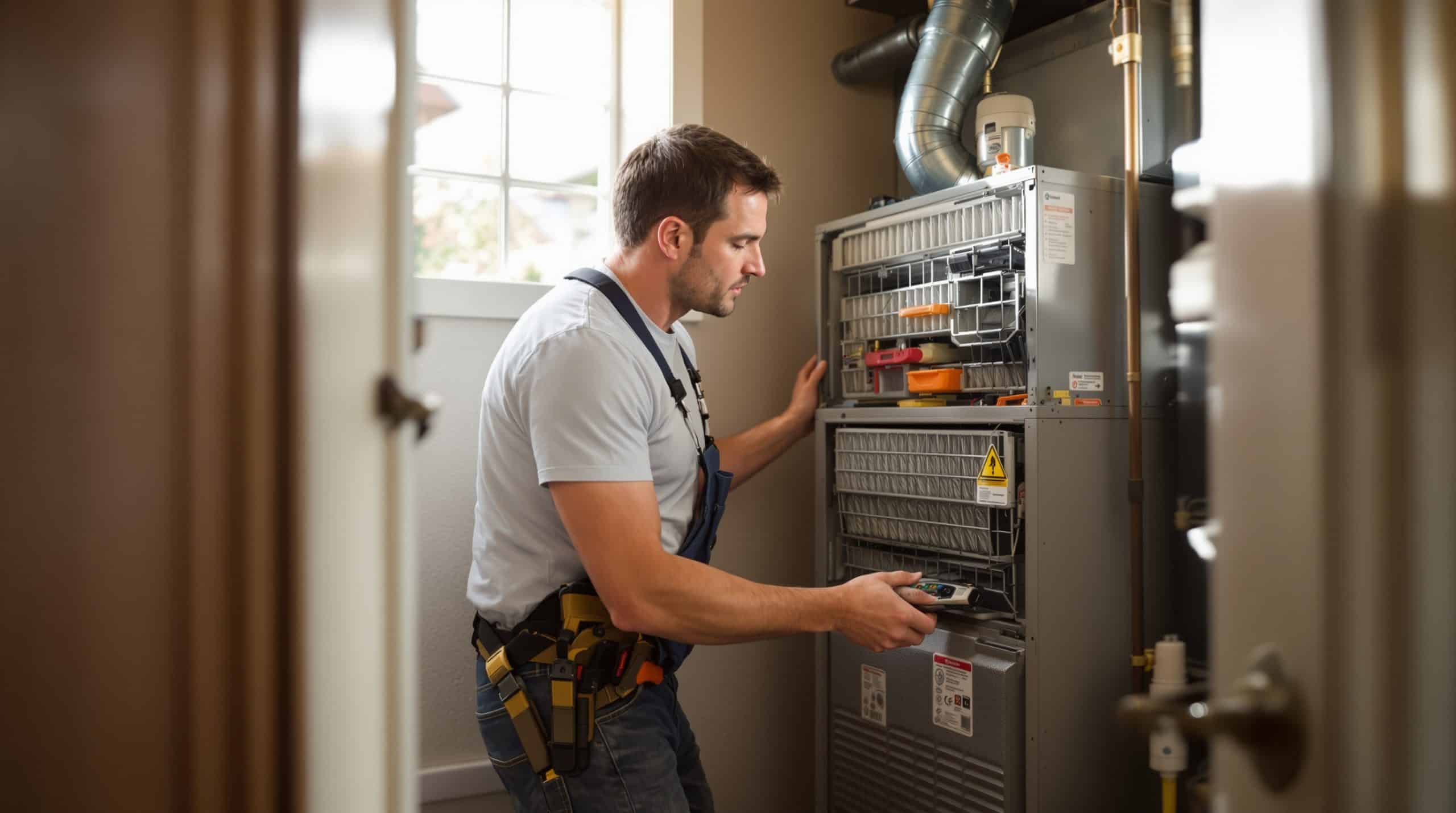 Colorado Springs homeowner replacing a pleated furnace filter in a utility closet with sunlight streaming through a nearby window