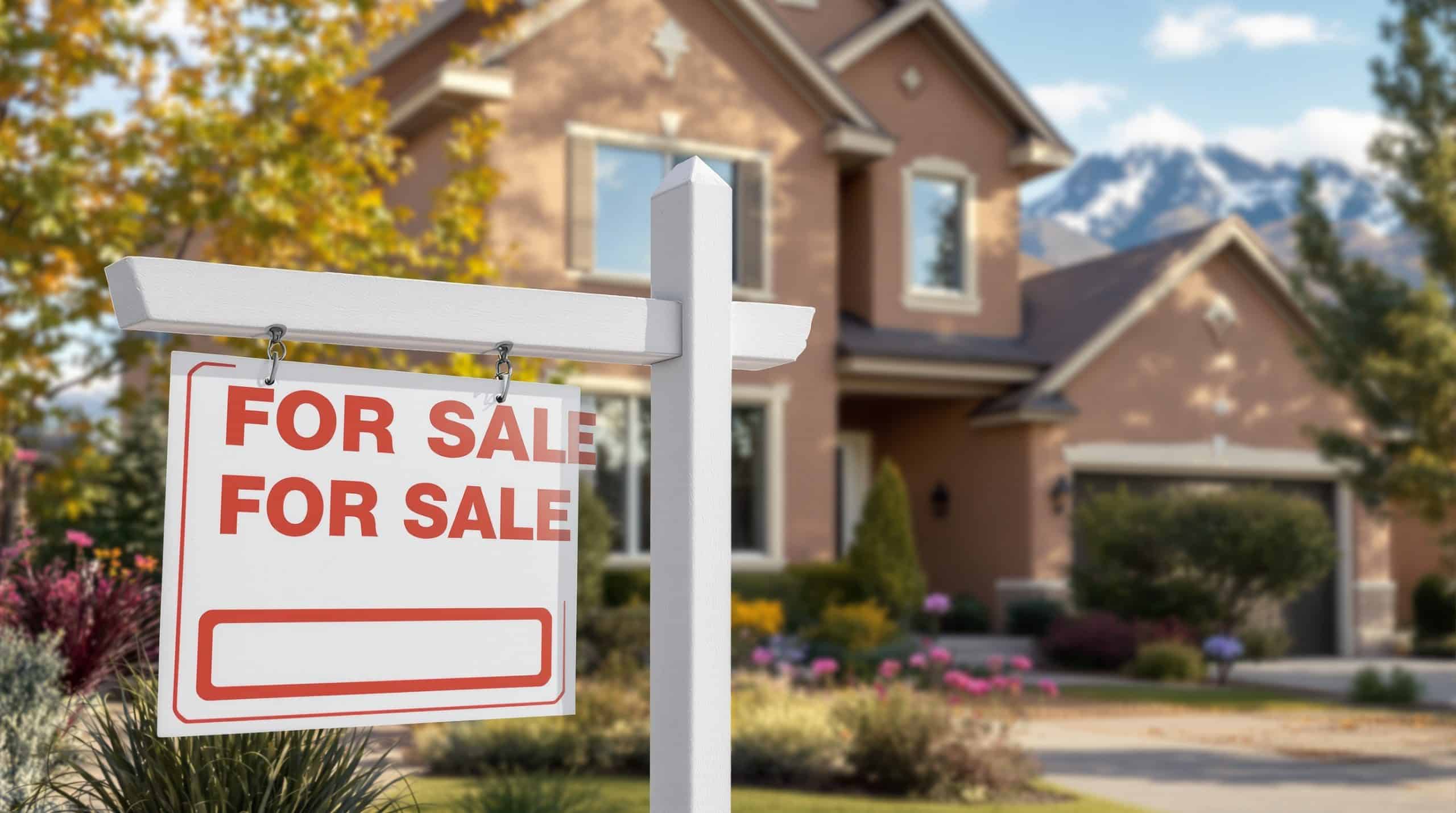 Real estate for-sale sign in front of a well-maintained brick home in Colorado Springs with Pikes Peak visible in the background