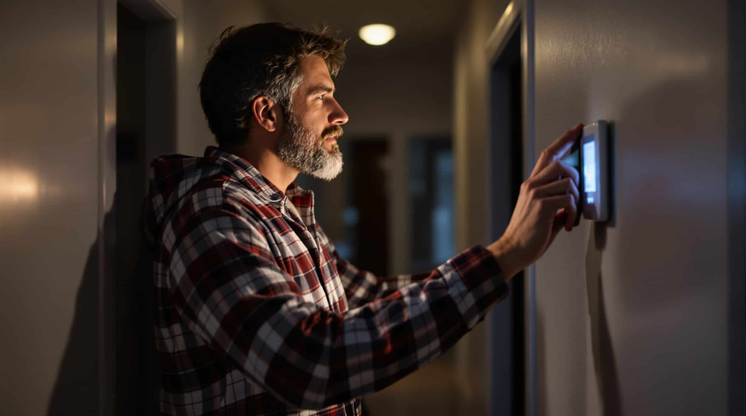 Colorado Springs homeowner in winter pajamas checking a thermostat in a dimly lit hallway at night while holding a phone