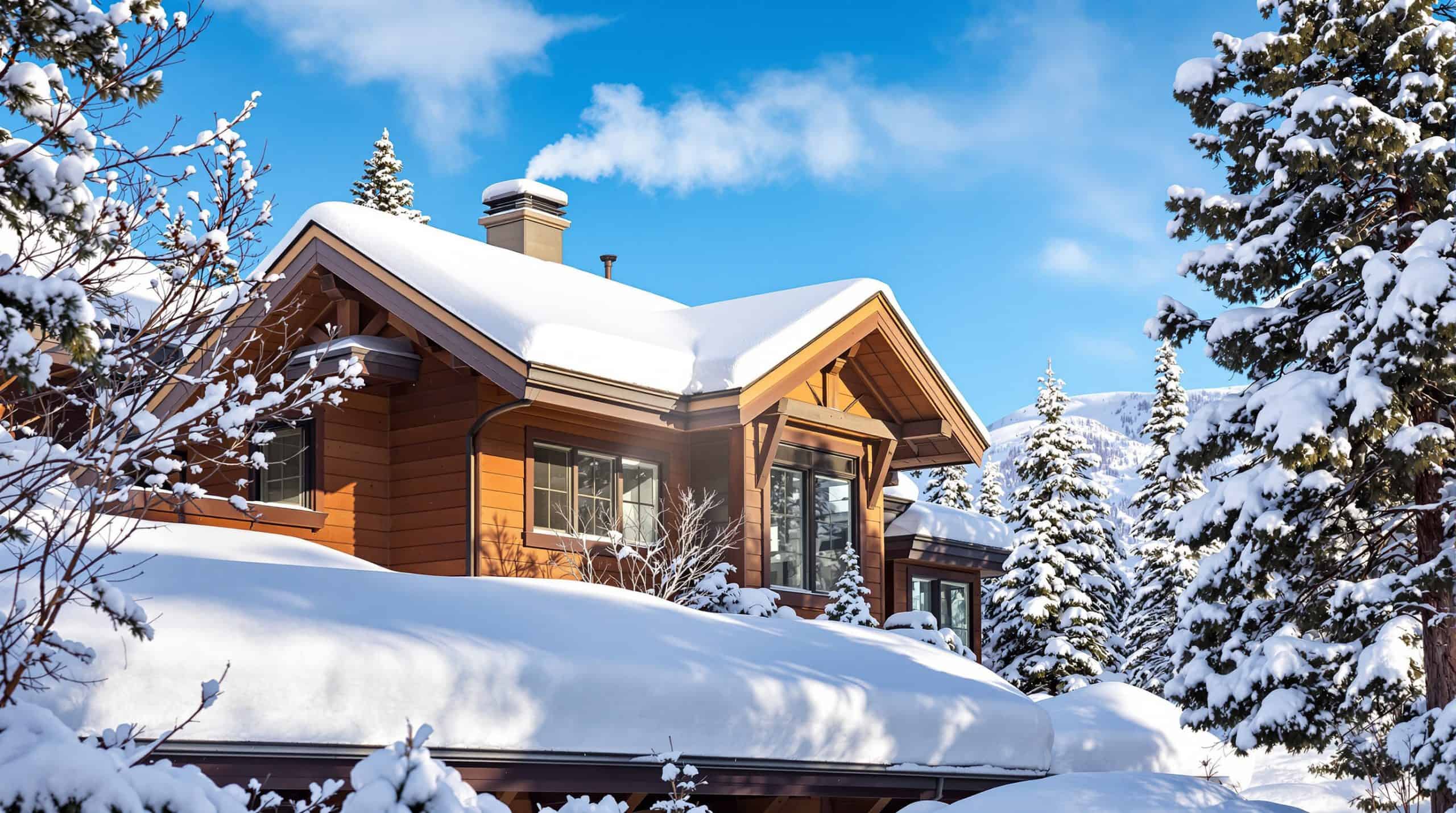 Snow-covered mountain home in Woodland Park Colorado with a rooftop furnace vent releasing visible exhaust against a clear blue winter sky