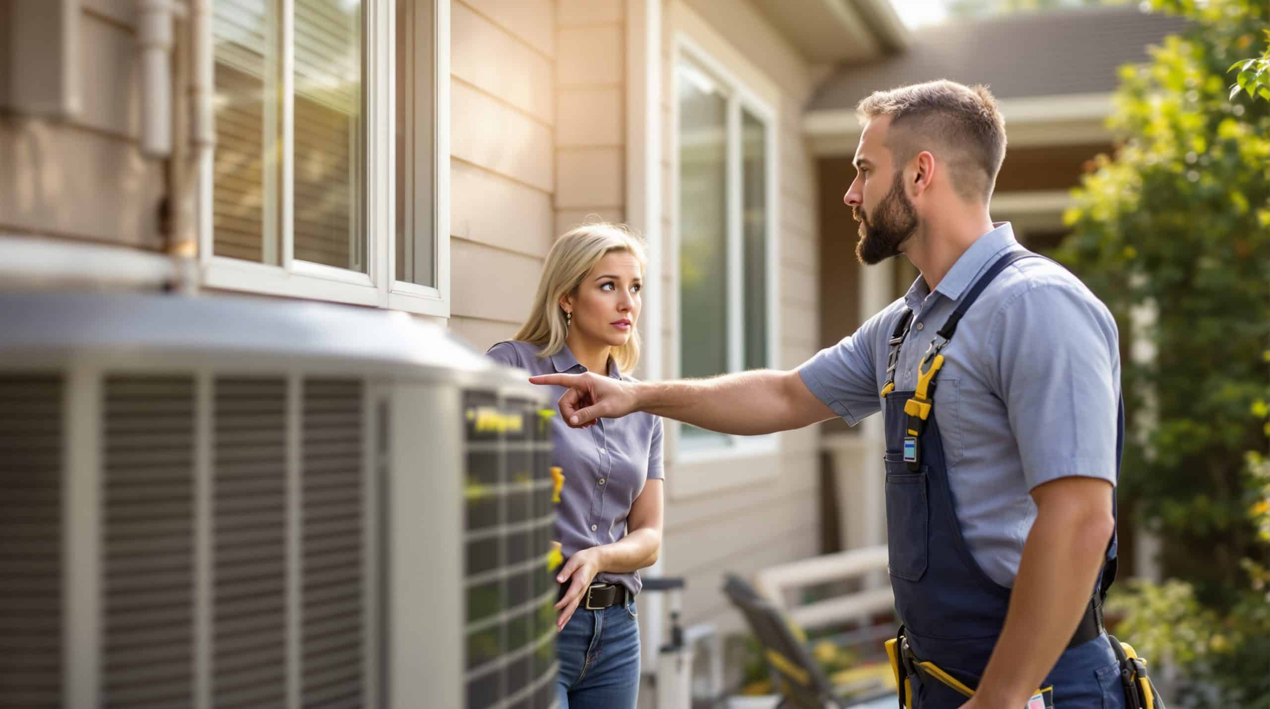 Homeowner in Colorado Springs looking concerned while an HVAC technician points at an outdoor condenser unit during a summer afternoon