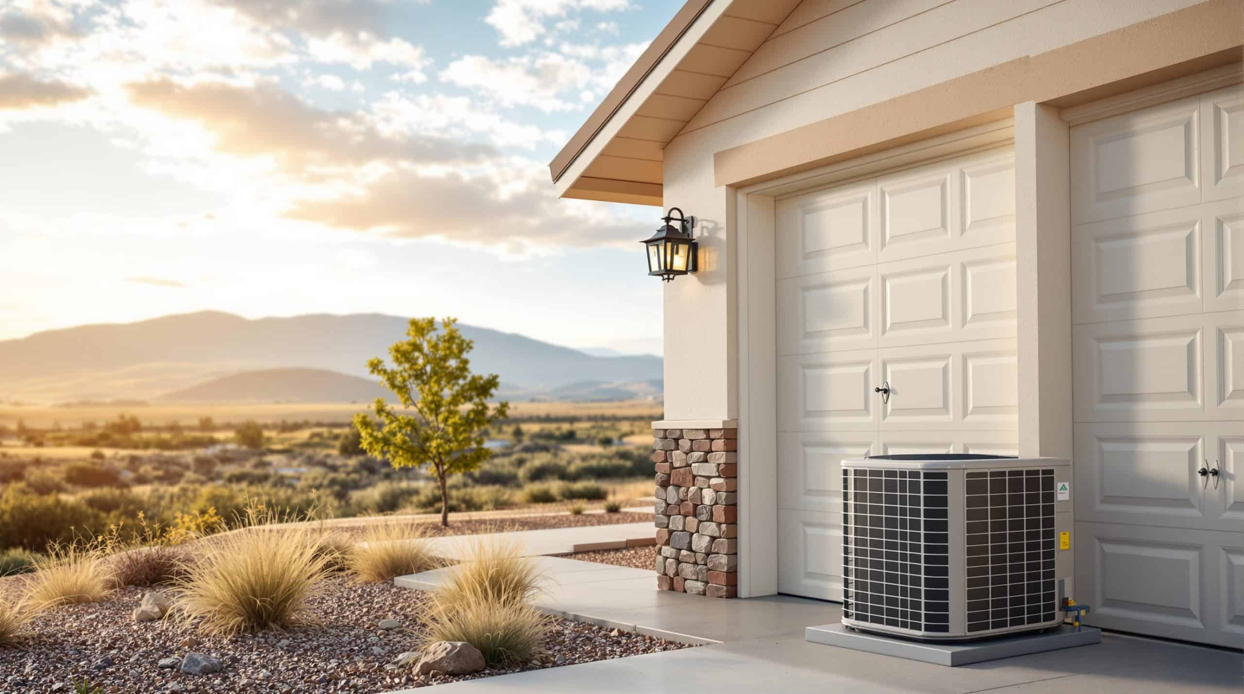 Newly built ranch-style home in a Falcon Colorado subdivision with a residential HVAC condenser unit visible beside the garage, foothills and open sky in the background
