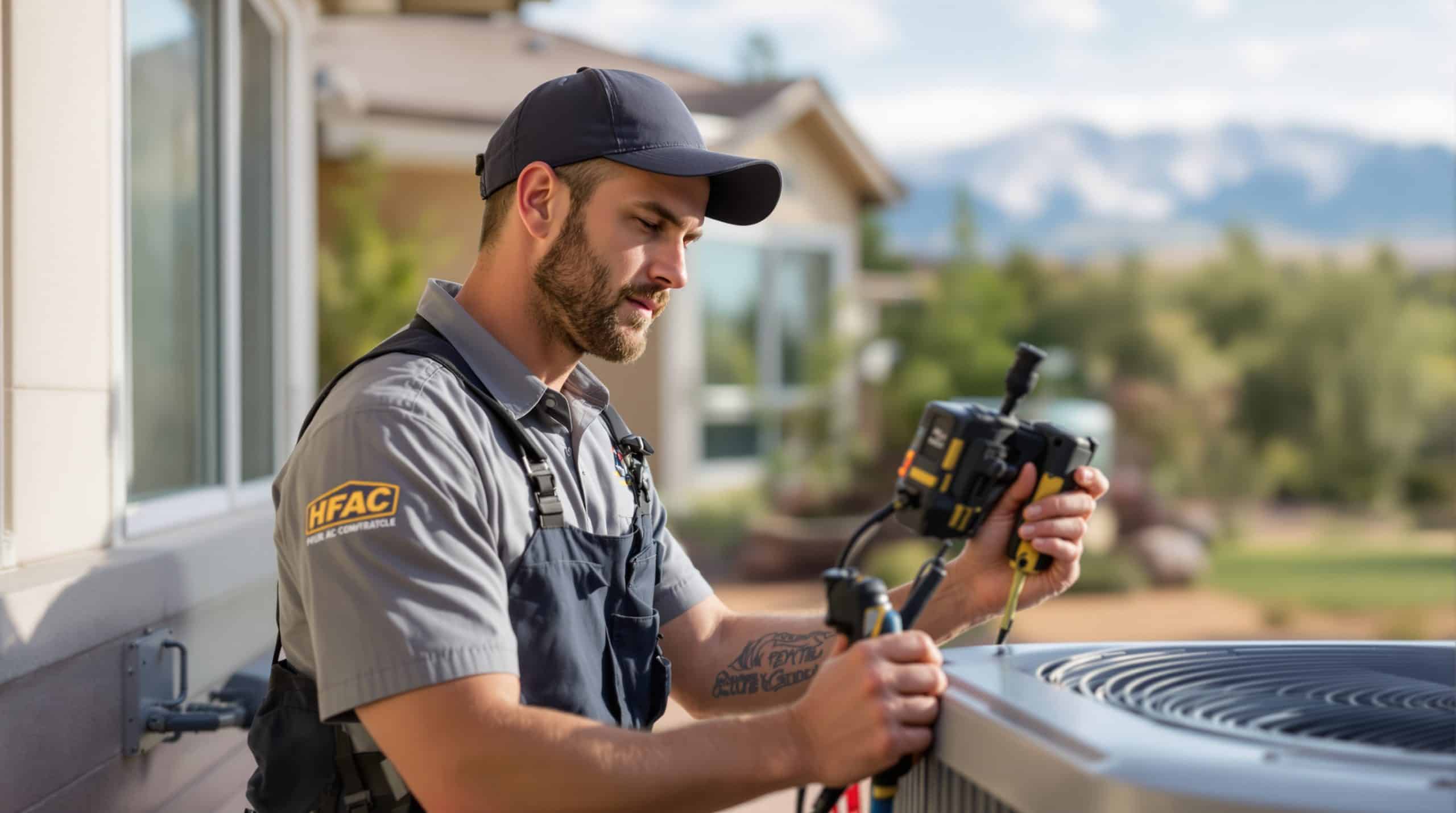HVAC technician in branded work uniform checking an outdoor AC condenser unit beside a Fountain Colorado ranch-style home with Pikes Peak visible in the distance