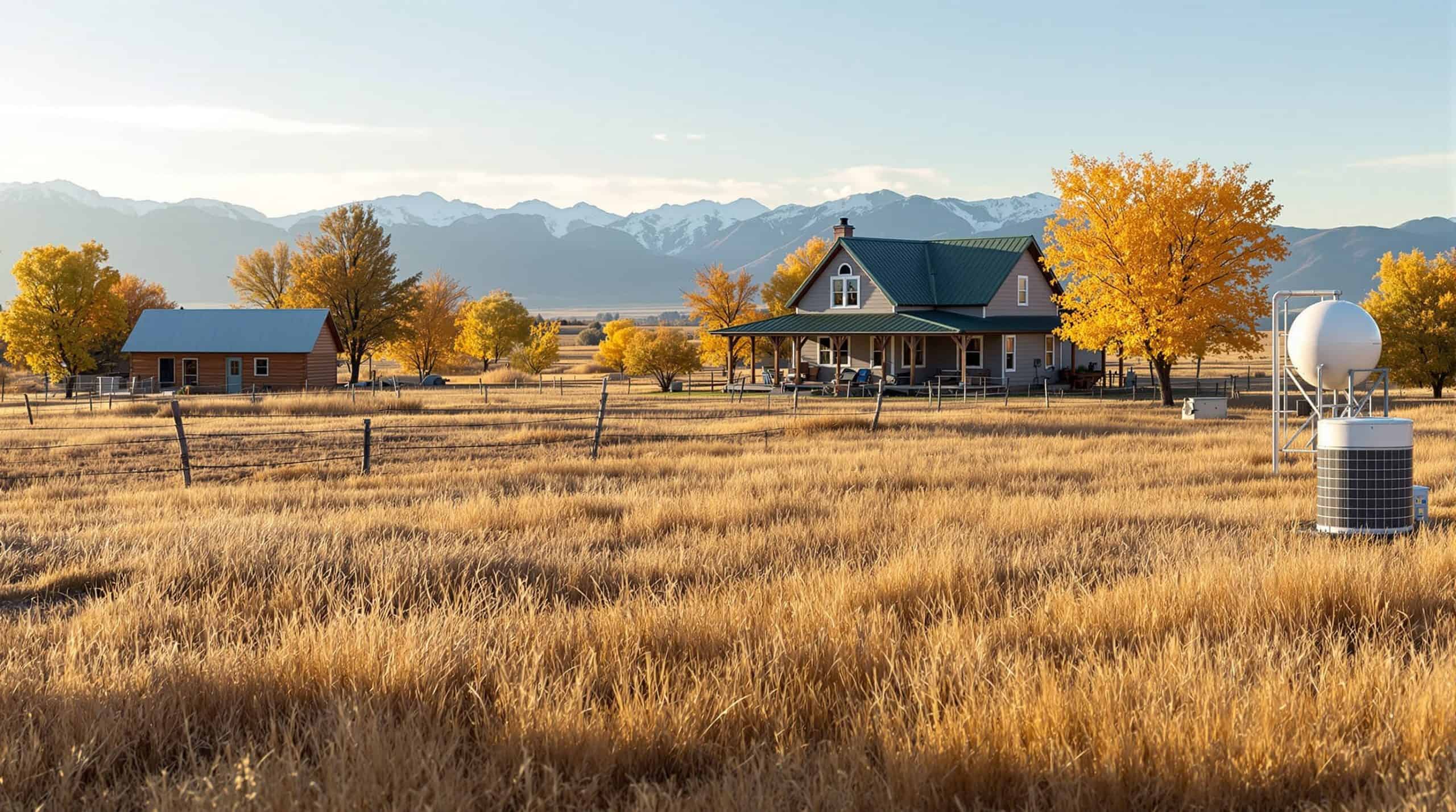 Rural Peyton Colorado property with a farmhouse, propane tank, and HVAC condenser unit visible on a clear autumn afternoon with mountains in the distance