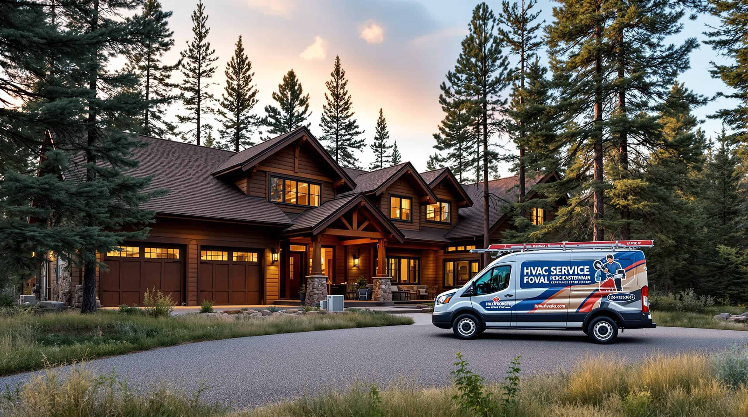 A rural Black Forest Colorado home surrounded by tall ponderosa pines with an HVAC technician's service van parked in the gravel driveway