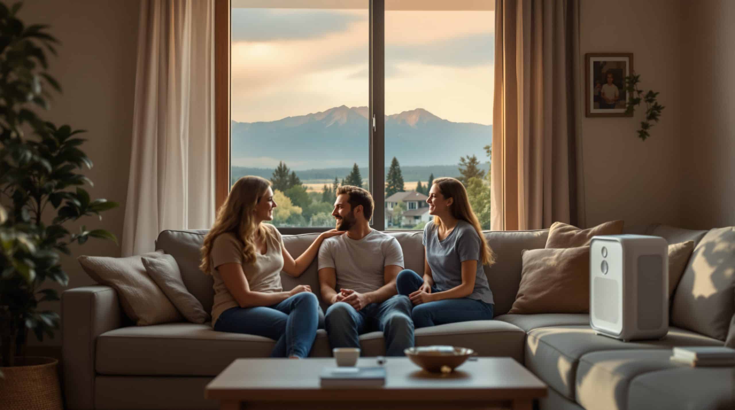 Colorado Springs family in their living room with Pikes Peak visible through a window under a hazy wildfire smoke sky, a portable air purifier running on a side table