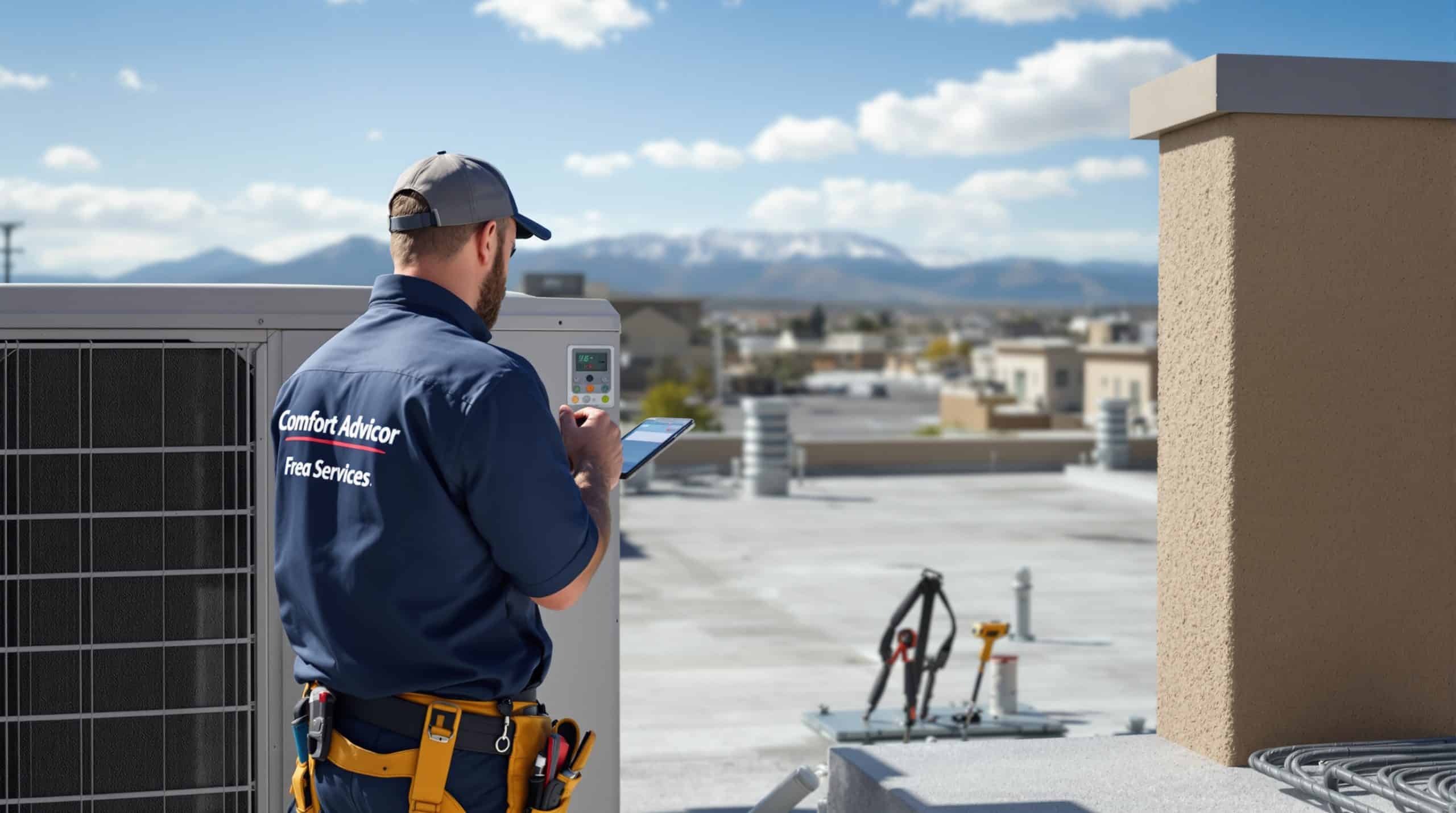 Comfort advisor in branded work uniform inspecting a rooftop HVAC unit on a small commercial building in Colorado Springs, mountains visible in the background