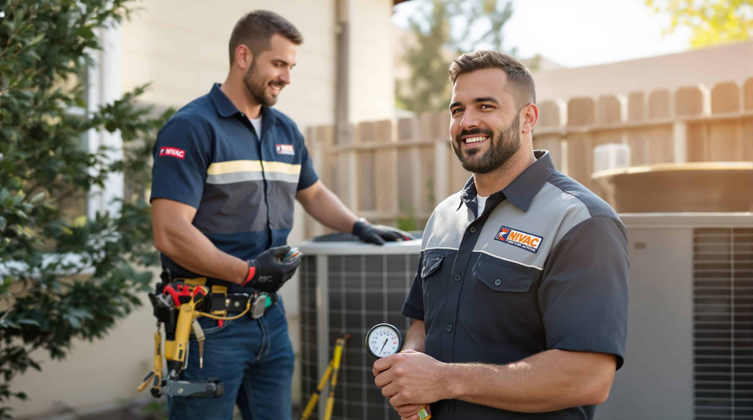 HVAC comfort advisor in branded uniform holding a refrigerant gauge set beside an outdoor condenser unit in a Colorado Springs backyard