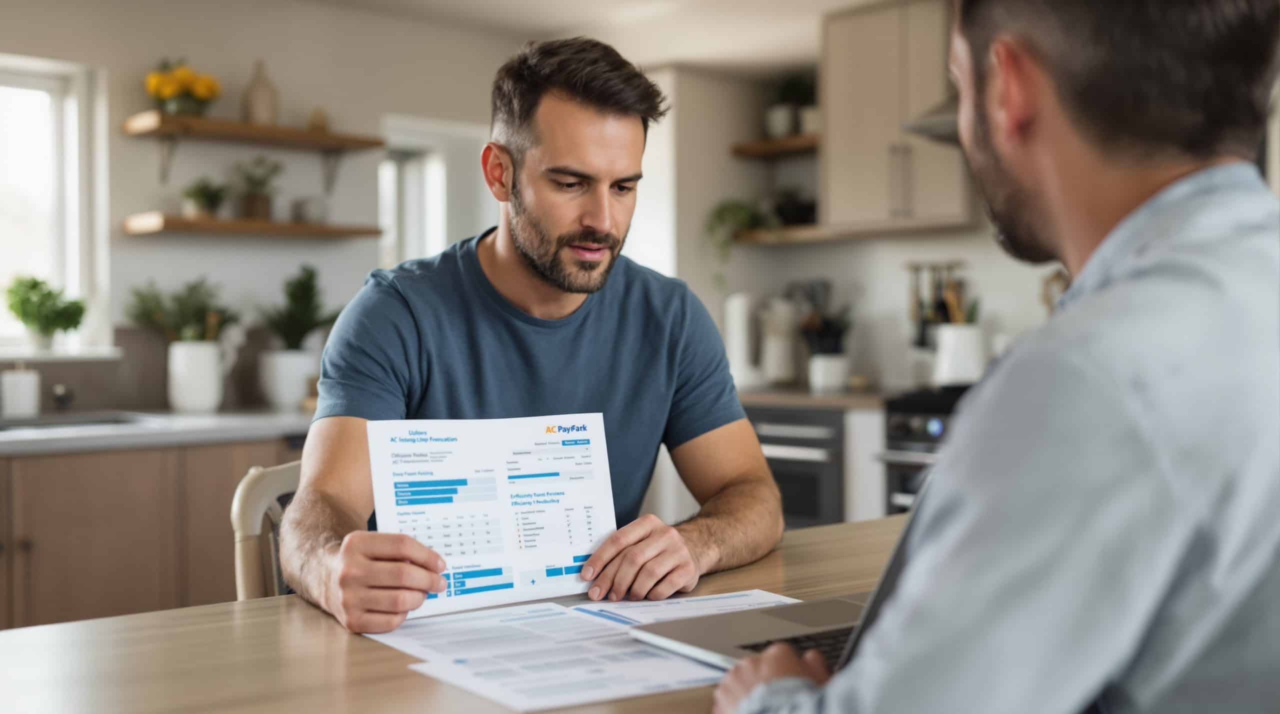 Homeowner in Colorado Springs reviewing two printed AC installation quotes at a kitchen table with a laptop showing efficiency ratings