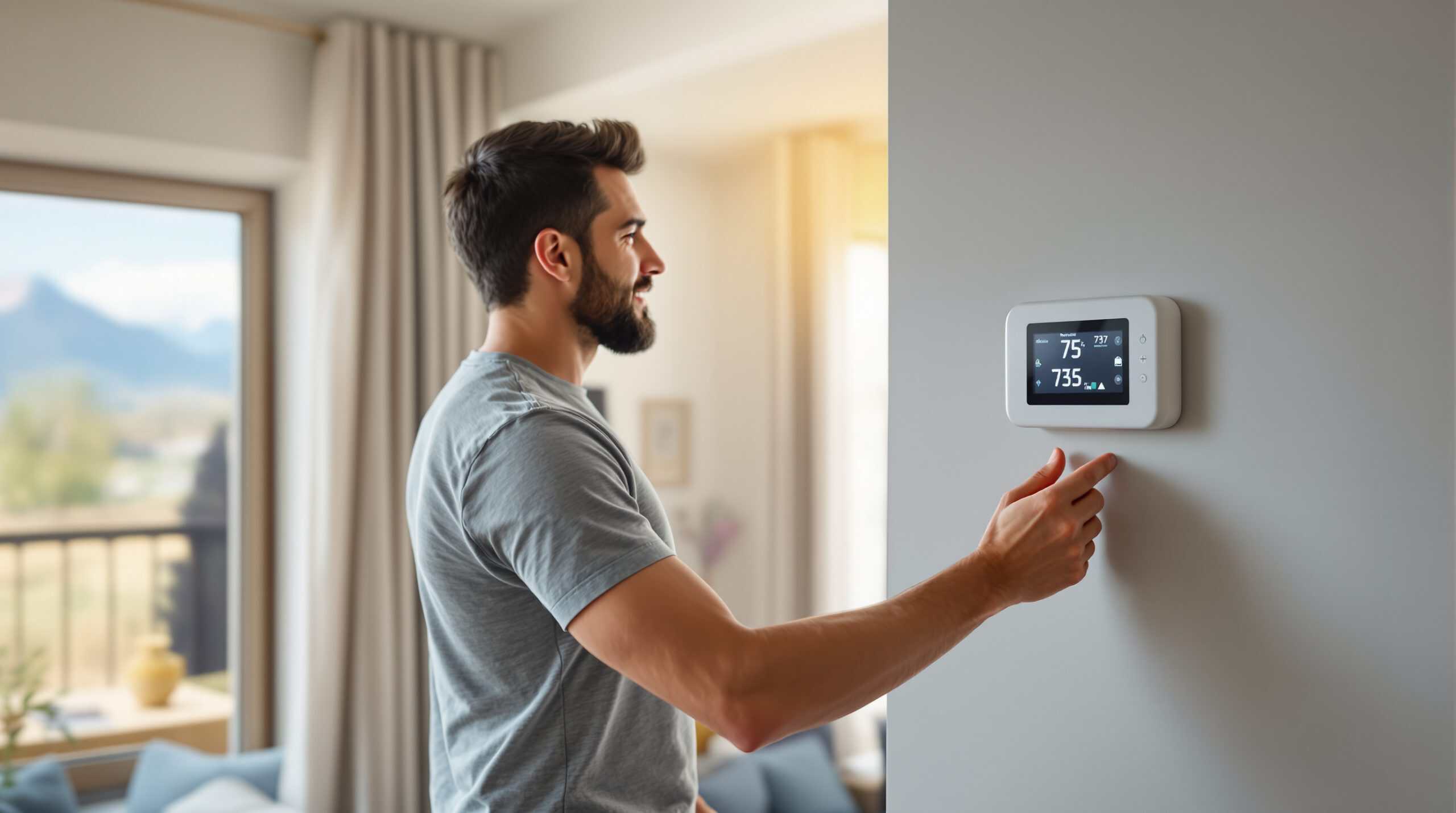 Homeowner adjusting a wall-mounted smart thermostat in a bright Colorado Springs living room with mountain view through the window