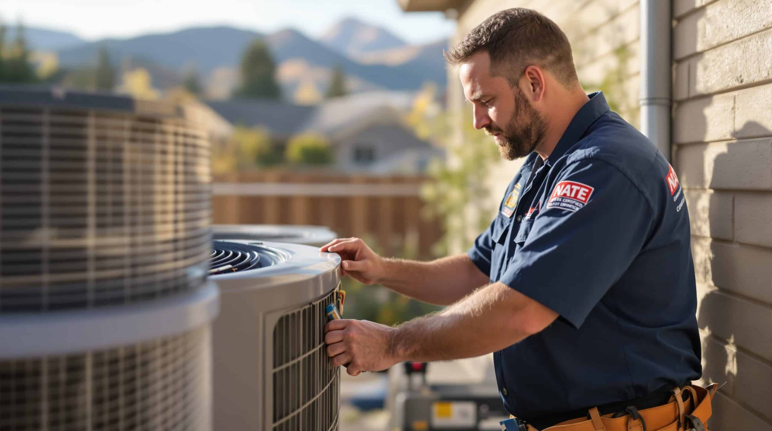 NATE certified comfort advisor in branded uniform diagnosing an outdoor AC condenser unit in a Colorado Springs backyard with mountains visible in the background